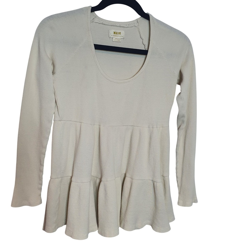 Maeve Anthropologie Cream Waffle Knit Tiered Peplum‎ Long Sleeve Top Small P